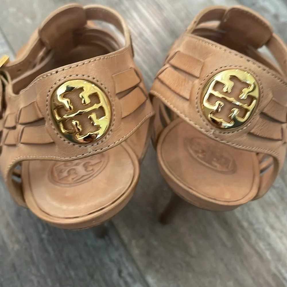 TORY BURCH Nadia brown woven leather logo detail huarache sandals heels 9.5